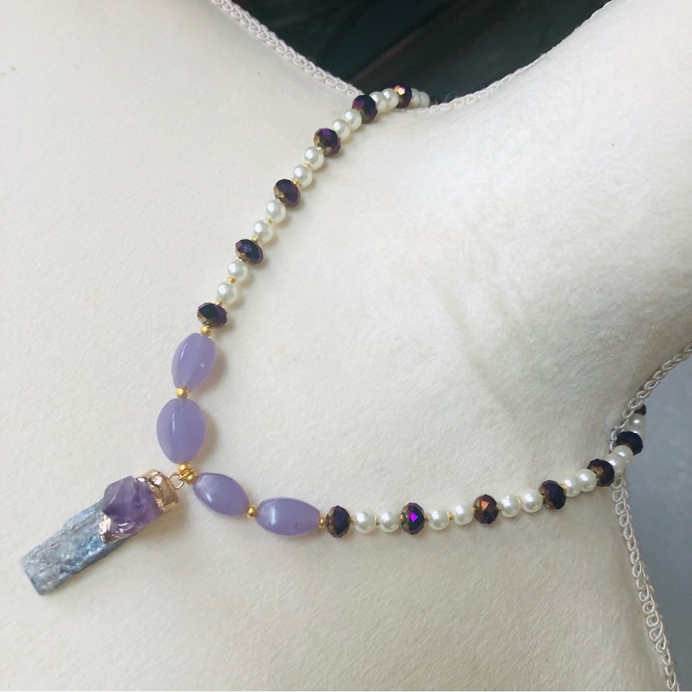 Handcrafted repurpose kyanite and amethyst pendant Czech glass Pearl necklace